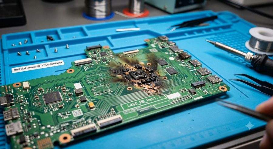 Intervention de micro-soudure sur une carte mère de smartphone